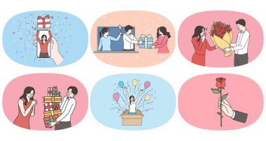 Set of man congratulate happy woman with presents 