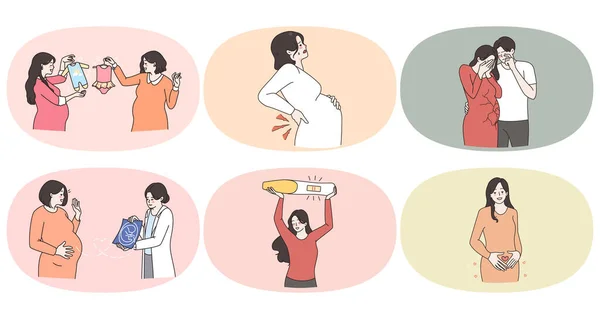 Set of women pregnancy happiness or problems — Image vectorielle