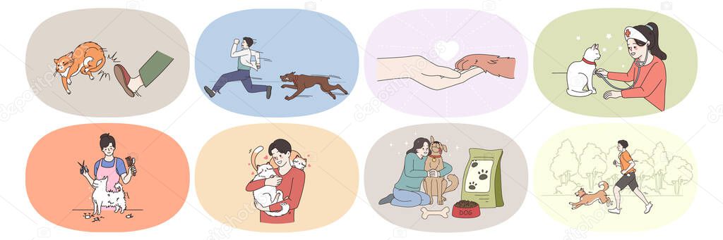 Set of diverse people with domestic pets 