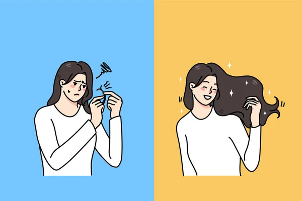 Женские волосы до и после хорошего салуна — стоковый вектор