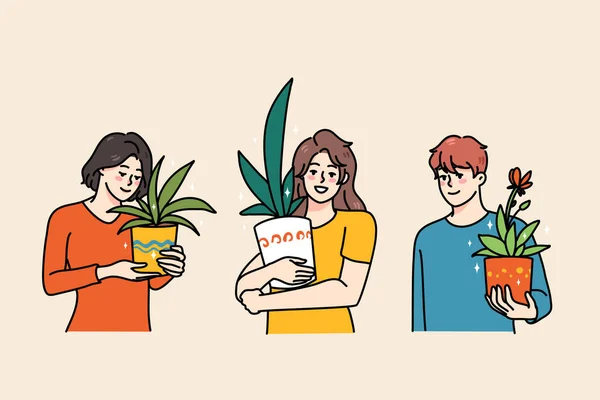 Gente diversa feliz con plantas de invernadero — Vector de stock