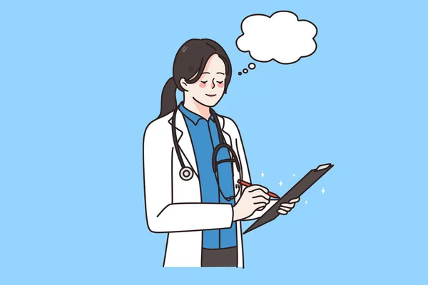 Donna medico in uniforme scrivere prescrizione — Vettoriale Stock