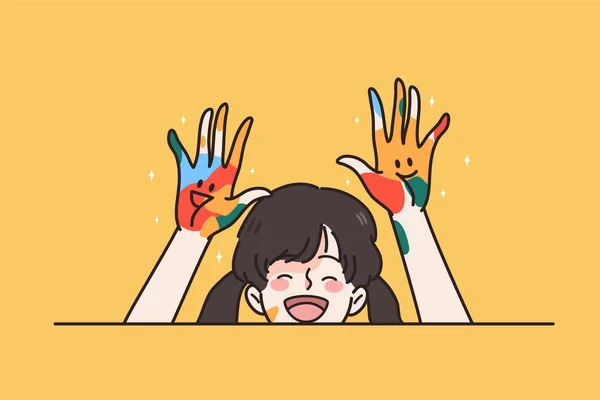 Criança menina sorridente com mãos coloridas de tinta —  Vetores de Stock