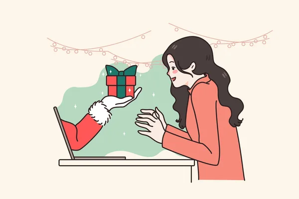 Mujer feliz consigue presente en línea en la venta de Navidad — Archivo Imágenes Vectoriales