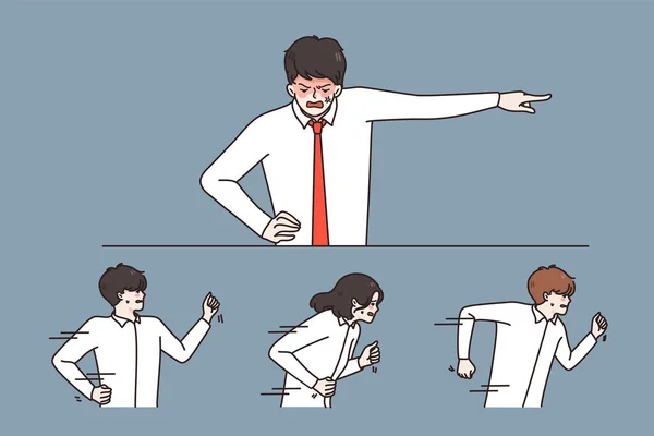 Homme d'affaires agressif gronder exploiter les employés sur le lieu de travail — Image vectorielle