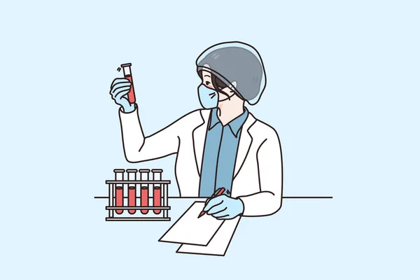 Female researcher work with tubes make experiment — Stock Vector