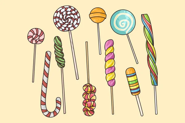 Ensemble de différents bonbons au caramel sur bâtonnets — Image vectorielle