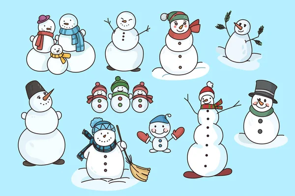 Комплект снеговиков в костюмах для зимних каникул — стоковый вектор