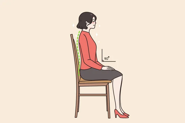 젊은 여자가 올바른 자세로 의자에 앉는다 — 스톡 벡터