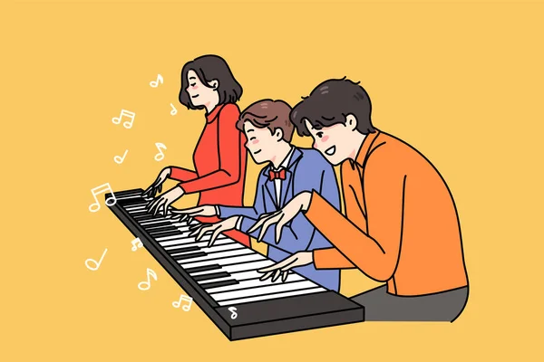 Happy family musician play same piano — Stock Vector