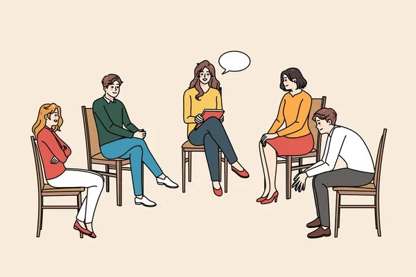 Diversas personas en la sesión de asesoramiento grupal con el psicoterapeuta — Archivo Imágenes Vectoriales