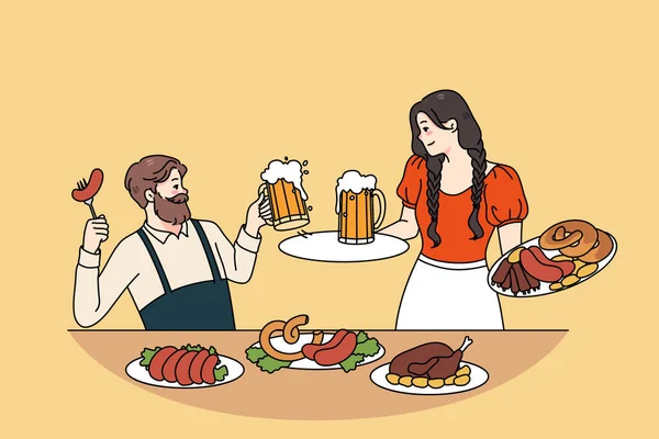 Homem e mulher felizes celebram Oktoberfest — Vetor de Stock