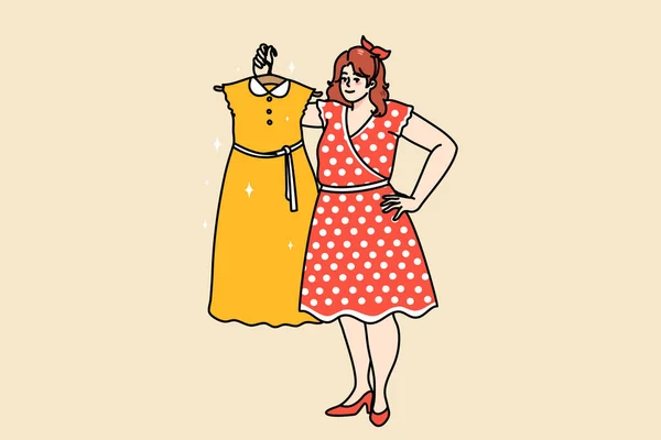 Overweight woman show dress on hanger — Stock Vector