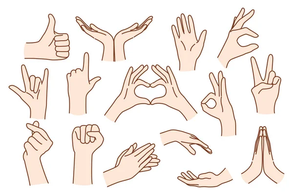 Conjunto de mãos de pessoa mostrar gestos use linguagem gestual —  Vetores de Stock