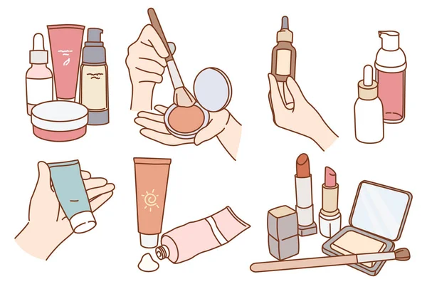 Σύνολο από διαφορετικά προϊόντα ομορφιάς για τις γυναίκες φροντίδα του δέρματος — Διανυσματικό Αρχείο