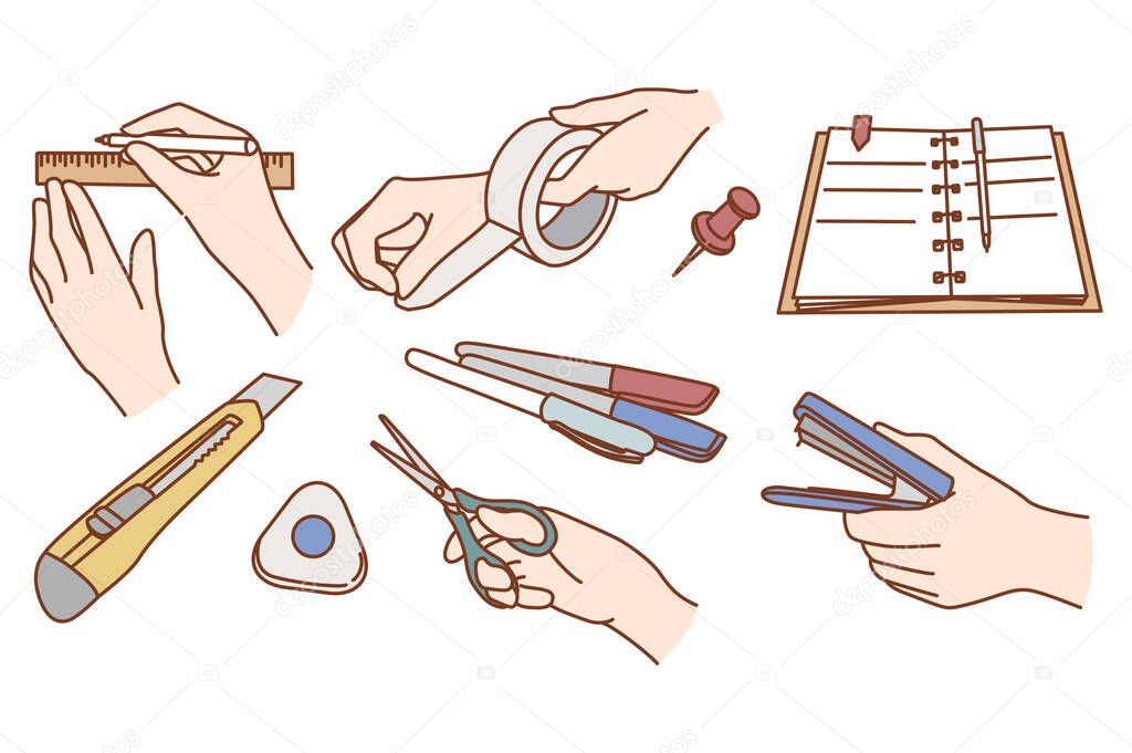 Set of person with office supplies or stationery 