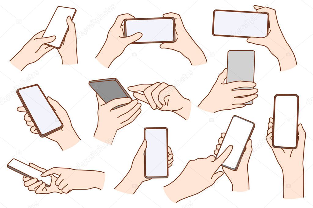 Set of people hold cellphone device 