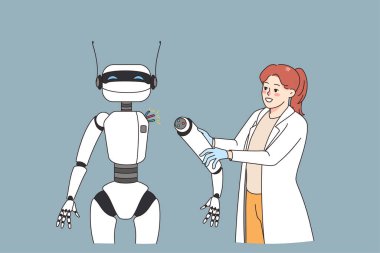 Kadın ofiste ai robotla çalışıyor.