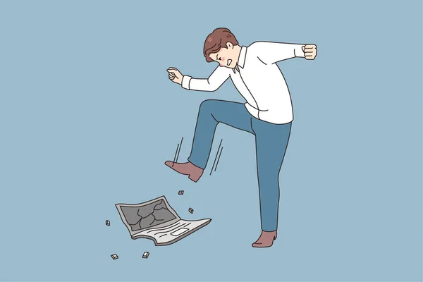 Homem louco trabalhador acidente laptop oprimido com trabalho —  Vetores de Stock