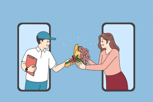 Deliveryman dar flores a la mujer a través de la pantalla celular — Vector de stock