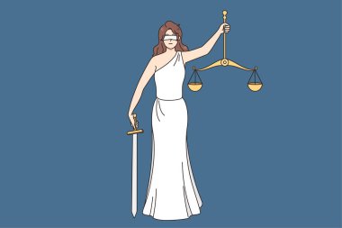 Bayan adalet gözü kapalı kılıç ve pulları tutar. 