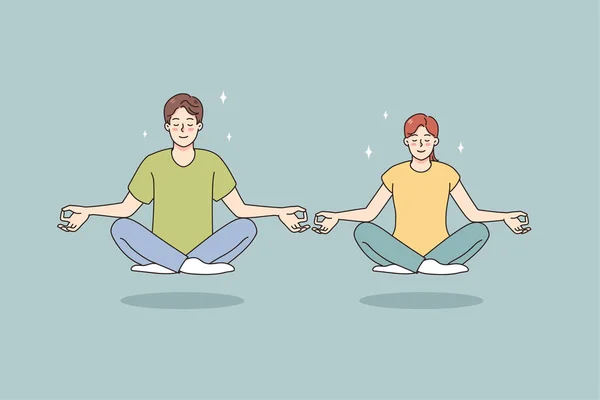 Ruhige Männer und Frauen meditieren in Lotusposition — Stockvektor