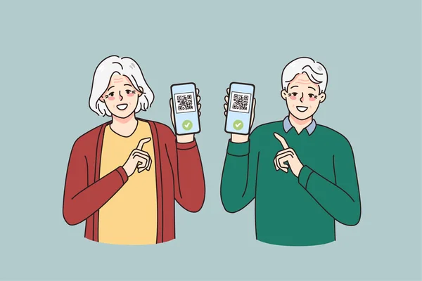 Sonriendo anciano y mujer muestran certificado de vacunación en el teléfono — Vector de stock