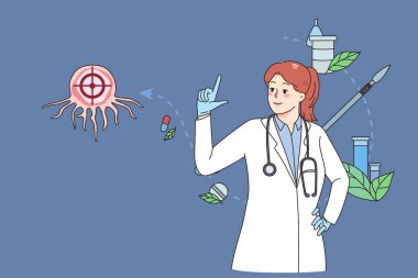 Kadın doktor ya da bilim adamı kanser hücrelerini araştırıyor. Onkoloji teşhisi ve tedavisiyle ilgilenen kadın tıp uzmanı. Tümör biyopsisi ve kemoterapi. Vektör illüstrasyonu. 