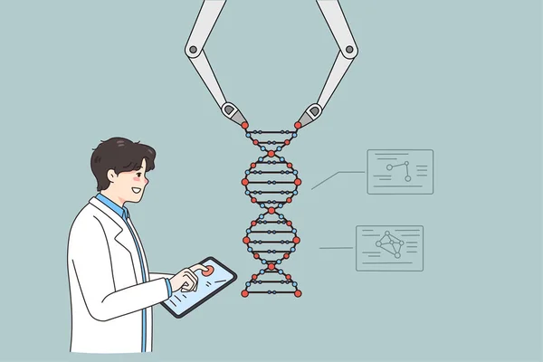Científico operar trabajo de brazo robótico en el ADN — Archivo Imágenes Vectoriales