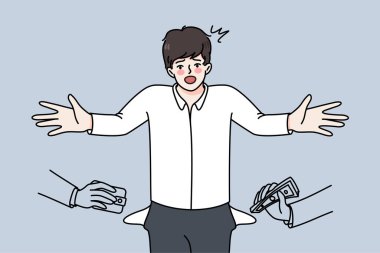 Kafası karışmış işadamı hırsızlar tarafından soyuluyor. Mutsuz, hayal kırıklığına uğramış bir çalışan soygunla boğuşuyor. İflas ve finansal sorunlar. Aldatma ve ihanet. Vektör illüstrasyonu. 