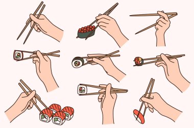 Yemek çubuğu tutan ve suşi yiyen insanlardan oluşan bir grup. Geleneksel Japon yemeklerini seven bir grup insan. Japon mutfağı kültürü ve geleneği. Düz vektör illüstrasyonu. 