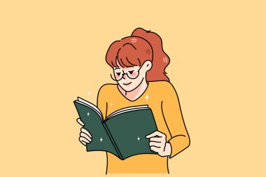 İlginç bir romanla meşgul olan mutlu kadın kitap okuyor. Gülümseyen kız edebiyattan hoşlanır. Kitap kurdu ya da kitapsever kavramı. Eğitim ve öğrenim. Düz vektör illüstrasyonu. 