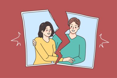Romantik ilişkinin sonunda gülümseyen bir çiftin yırtık resmi. Ayrılma ve boşanma kavramı. Evliliğin bozulması ve ayrılması. Eski çift fotoğrafçılığı. Vektör illüstrasyonu. 
