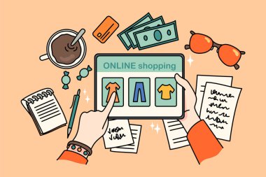Tablet cihazıyla alışveriş yapan kişinin en iyi görüntüsü. Kadınlar internetten modern ped cihazından kıyafet alıyorlar. Web düzeni, moda ve tüketim. Vektör illüstrasyonu. 