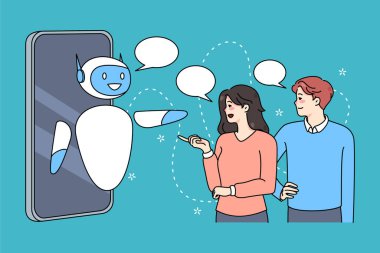 İnsanlar akıllı telefondan robot desteğiyle konuşuyorlar. Müşteri cep telefonunda sohbet robotu ya da insansı robot internet servisi kullanıyor. Yapay zeka ve mühendislik. Yapay zeka ve teknoloji. Vektör illüstrasyonu. 