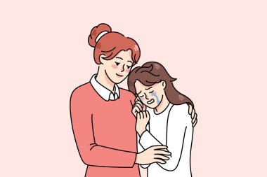 Sevgi dolu bir anne, mutsuz, ağlayan bir genç kızı kucaklıyor. Şefkatli kadın psikoloğu ya da terapisti kucaklar küçük kızı şefkatli ve şefkatli gösterir. Vektör illüstrasyonu. 
