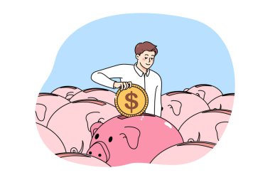 İşadamı gelecek için kumbaraya para koydu. Mutlu bir çalışan domuz kumbarasında para biriktiriyor, bütçeyi ve finansmanı yönetiyor. Bankacılık ve finansal istikrar. Vektör illüstrasyonu. 