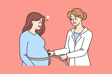 Bakıcı hemşire hamile kadının karnını bant ile ölçüyor. Jinekoloji doktoru, klinikteki randevusu sırasında müstakbel annenin muayenesini yapıyor. Sağlıklı hamilelik kavramı. Vektör illüstrasyonu. 