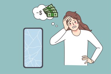 Bozuk akıllı telefondan ve tamirat masraflarından rahatsız olan genç bir kadın. Mutsuz kız, cep telefonu arızası ve sabit fiyatla strese girdi. Vektör illüstrasyonu. 