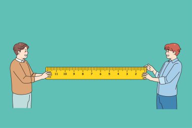 Elinde cetvel tutan gülümseyen adamlar projeyi birlikte onarmak için çalışıyorlar. Teypli erkek arkadaşlar ölçü alırlar. Mekanik ve mühendislik konsepti. Vektör illüstrasyonu. 