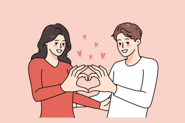 Mutlu çift kucaklaşması kalp işaretini elleriyle gösterir. Gülümseyen erkek ve kadın, sevgi dolu el hareketlerini gösterir. Romantik ilişkilerden hoşlanırlar. Aşk ve şefkat. Vektör illüstrasyonu. 