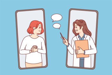 Genç bir kadın telefonda doktorla görüşüyor. Cep telefonundan terapistle kadın hasta konuşması. Uzaktan sağlık ve ilaç hizmeti. Vektör illüstrasyonu. 