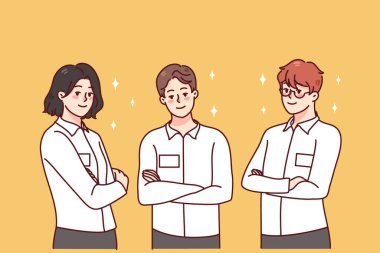 Üniformalı, rozetli, güven ve profesyonellik gösteren iş adamlarının portresi. İş yerinde kimliği olan beyaz gömlekli işçiler. İstihdam kavramı. Vektör illüstrasyonu. 