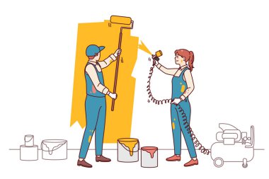 Birkaç tasarımcı konut tadilatına katılan duvarları boyuyor. İnsanlar apartmanı yeniden dekore ediyor. İç tasarım ve dekorasyon. Düz vektör illüstrasyonu.