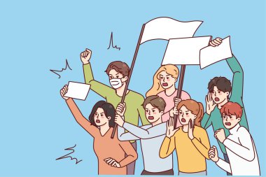 Pankartlı kızgın insanlar gösteriyi ya da isyanı protesto ediyorlar. Öfkeli eylemciler buluşmada ayrımcılığa karşı dururlar. Vektör illüstrasyonu. 