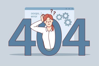 Kafası karışmış bir kadın bilgisayarda 404 hata yaşıyor. Hüsrana uğramış mutsuz kadın çalışanın cihazında yanlış bir mesaj var. Sayfa bulunamadı. Vektör illüstrasyonu. 