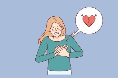 Unhealthy woman suffer from pain in heart. Unwell female struggle with heart attack. Healthcare and medicine. Vector illustration. 