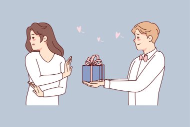 Young woman reject loving man making present. Female say no to guy in love make surprise with gift box. Relationship problem. Vector illustration. 