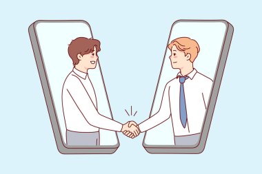 Smiling businessmen shake hands on smartphone screens close deal online. Happy business partners handshake make agreement on internet. Remote business. Vector illustration. 