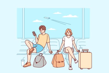 Happy couple with suitcases sitting in airport ready for summer vacation. Smiling man and woman with baggage excited about traveling. Tourism concept. Vector illustration. 